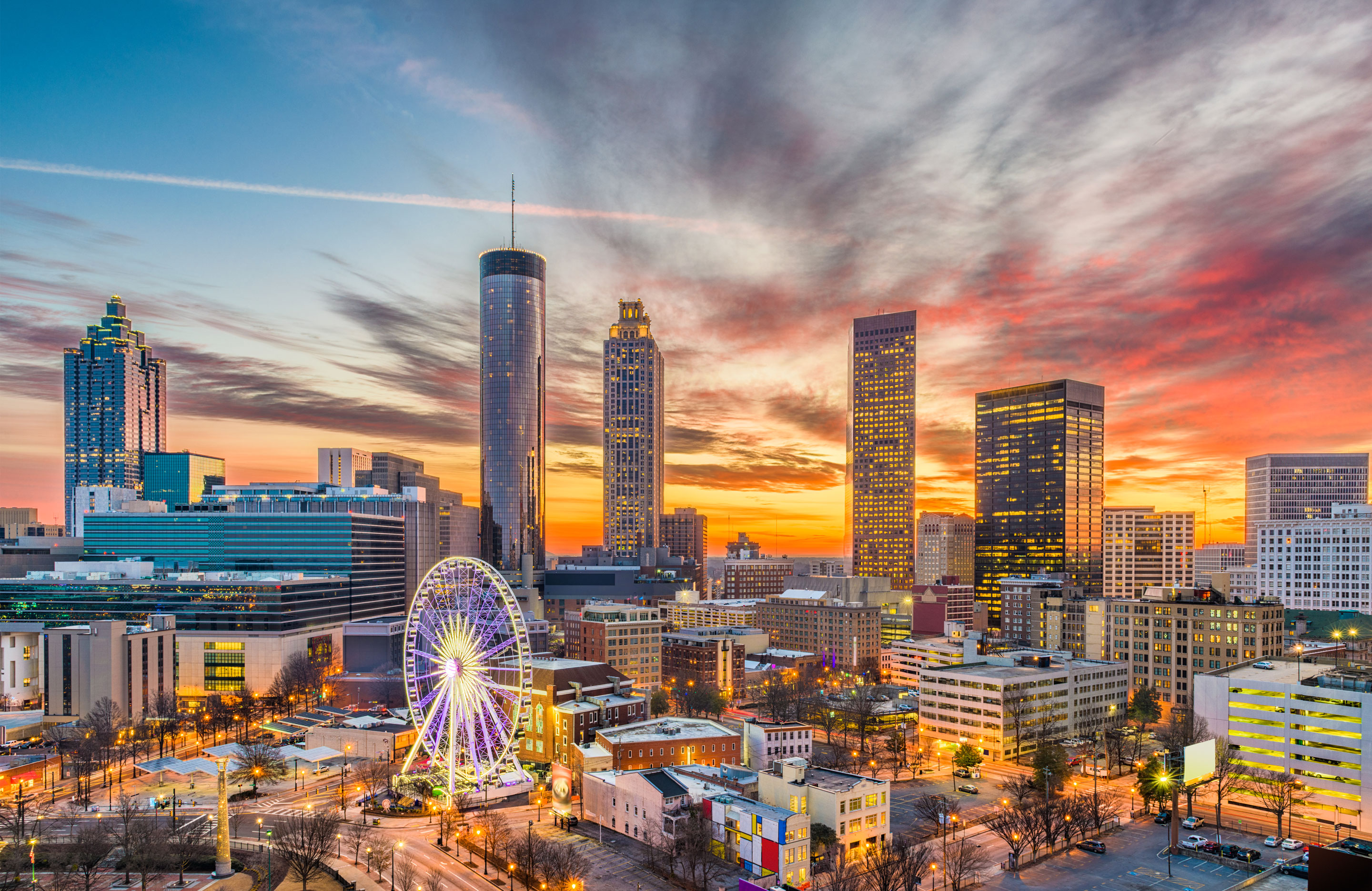 Atlanta city skyline at sunset.