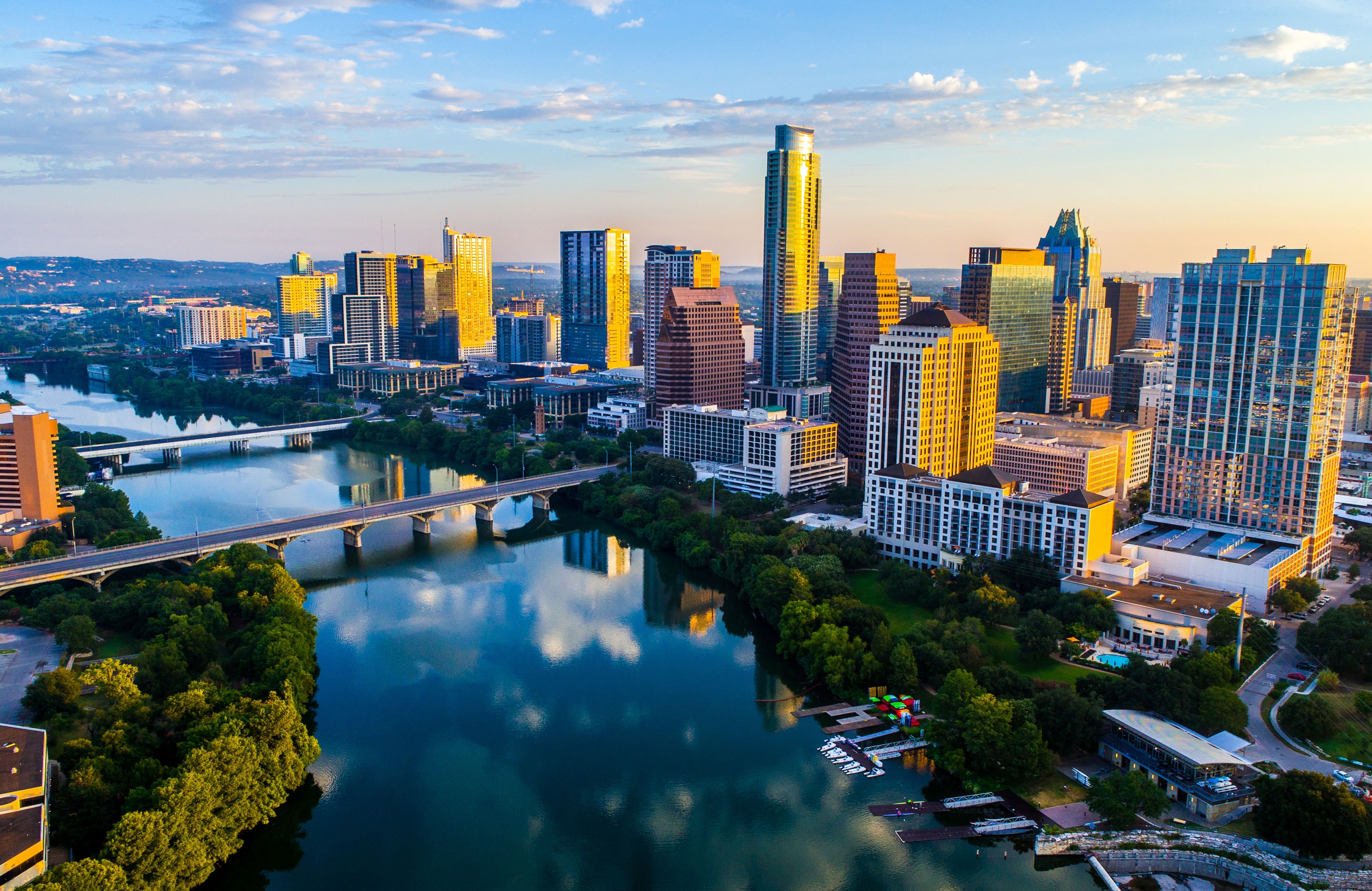 Austin city skyline at sunset.