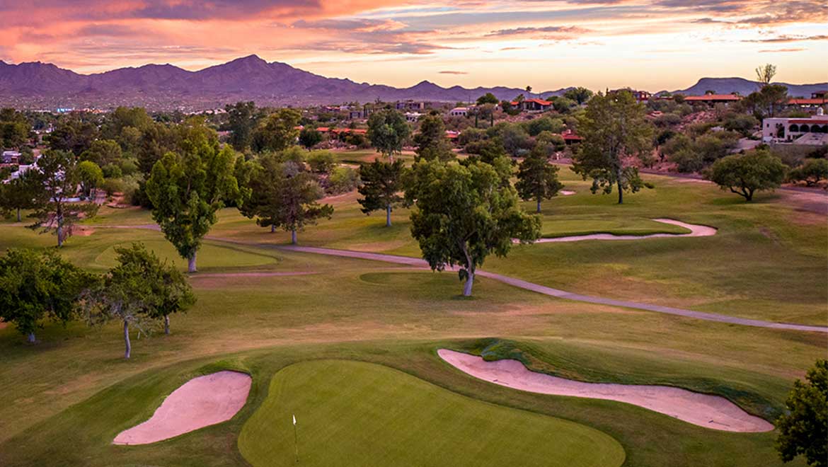 Golf course view at sunset