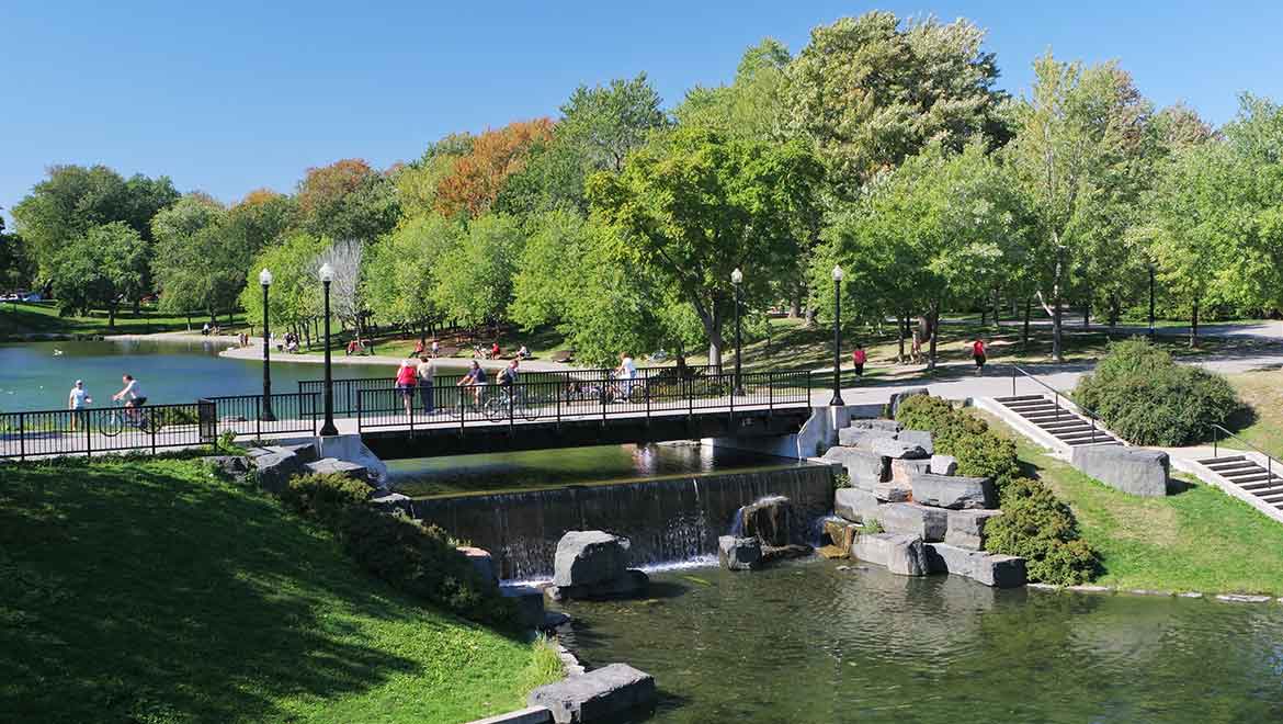 Aerial of a park with river and bridge