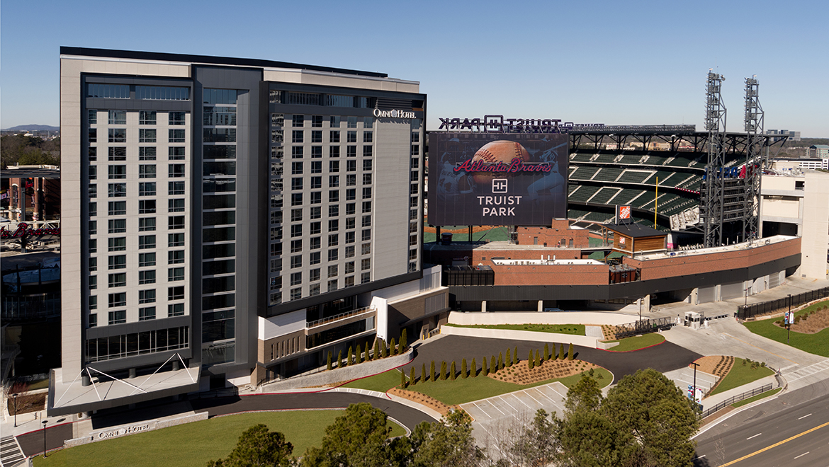 Omni Atlanta at the Battery exterior drone view