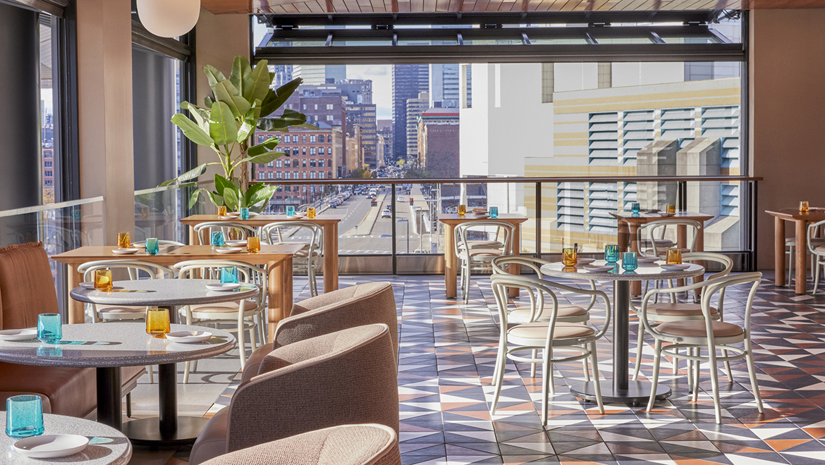 Dining room with view of the city.