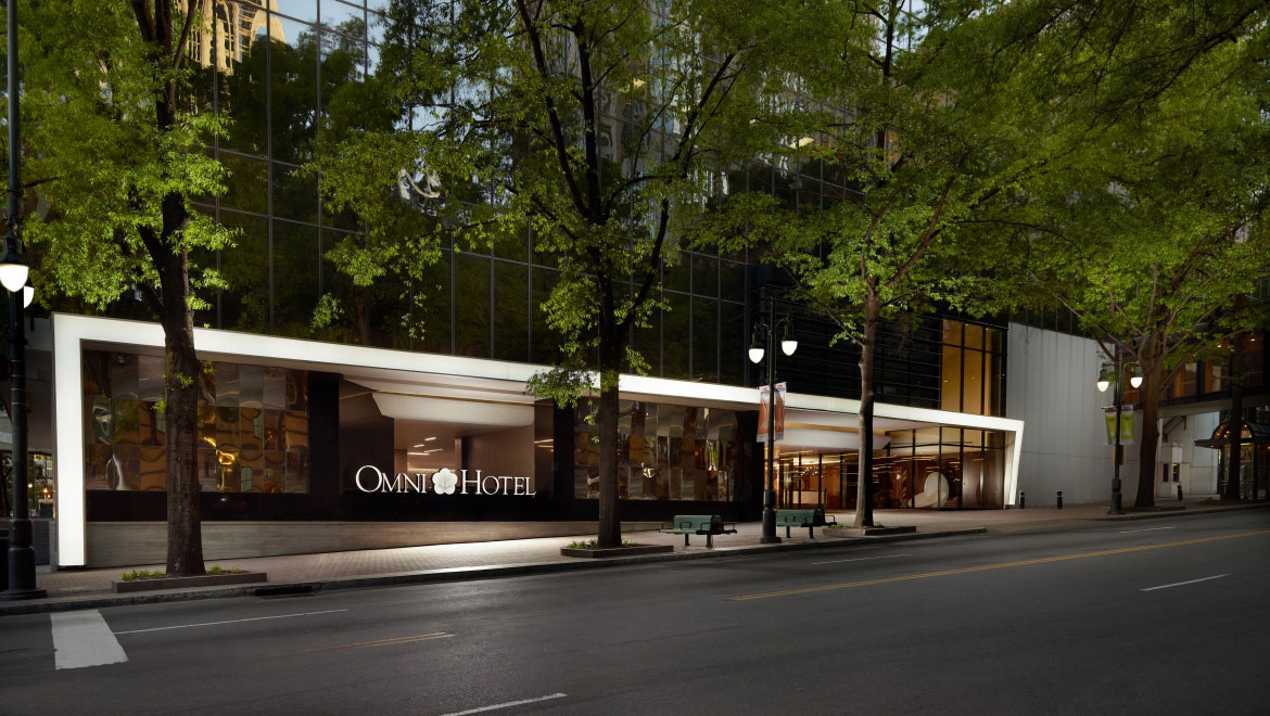 Omni Charlotte hotel exterior twilight