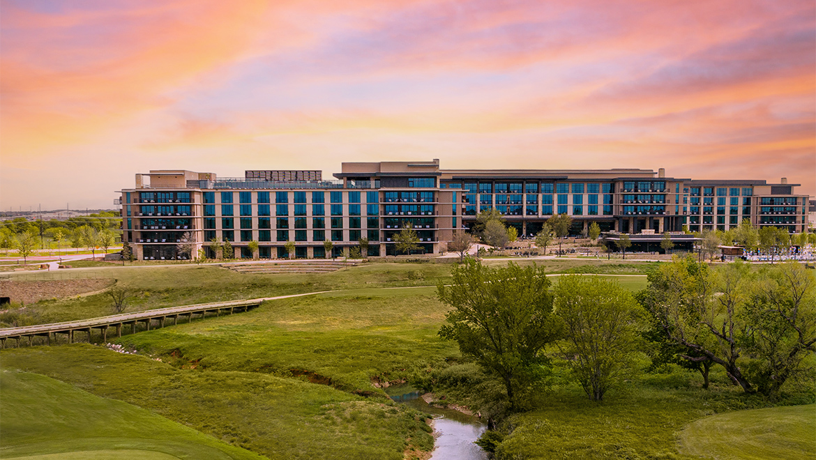 Exterior of resort at sunset