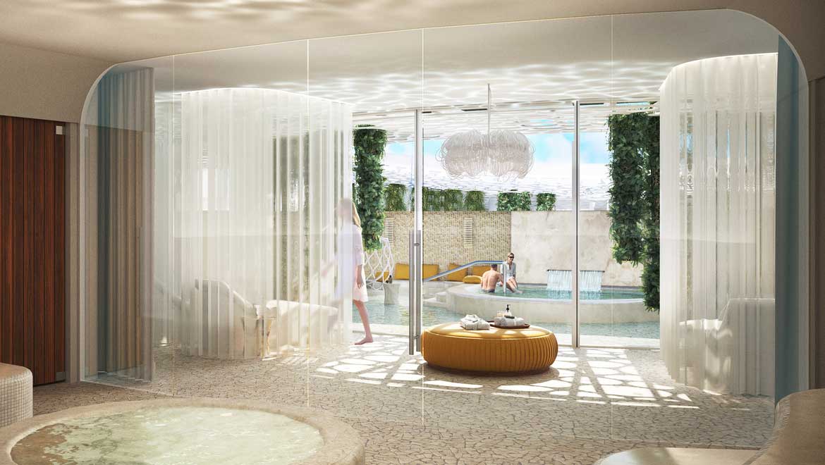 Rendering of spa exit to pool area.