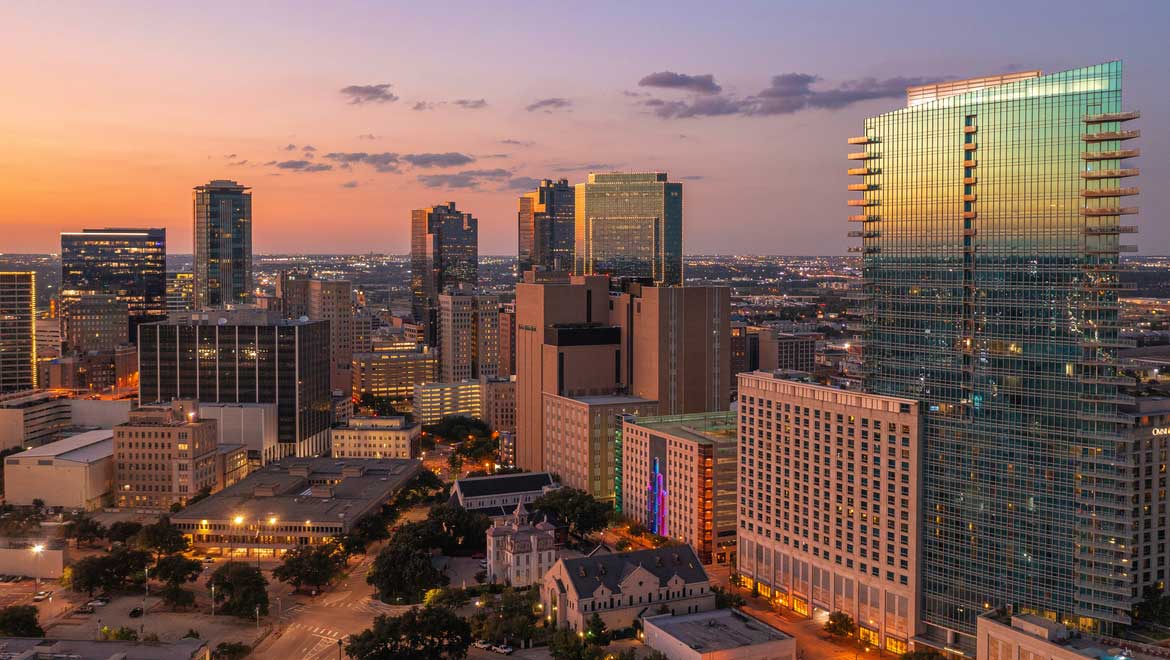 Aerial view of the hotel and surrounding city.