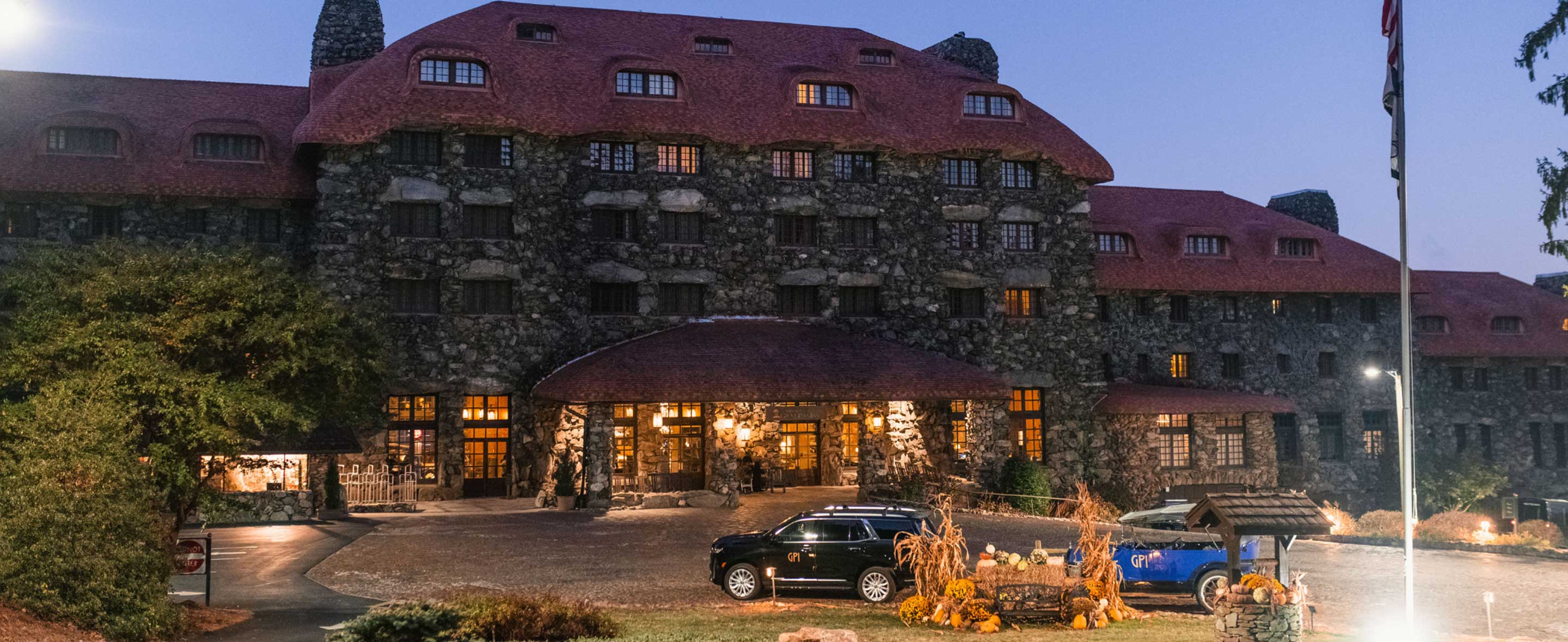 Hotel exterior decorated for Halloween