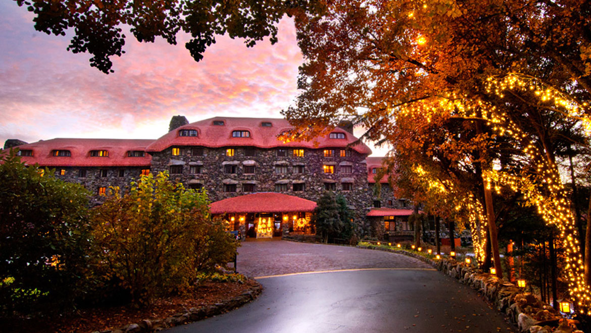 Entrance to Grove Park Inn at sunset 