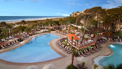 Family pools and kids splash zone with the Buoy Bar located in the middle.