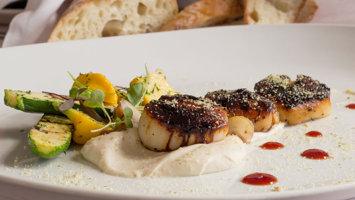 Pumpkin seed crusted diver scallops