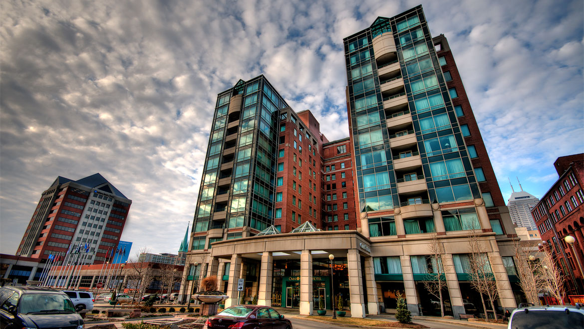 Front exterior view of Severin Hotel during the day 