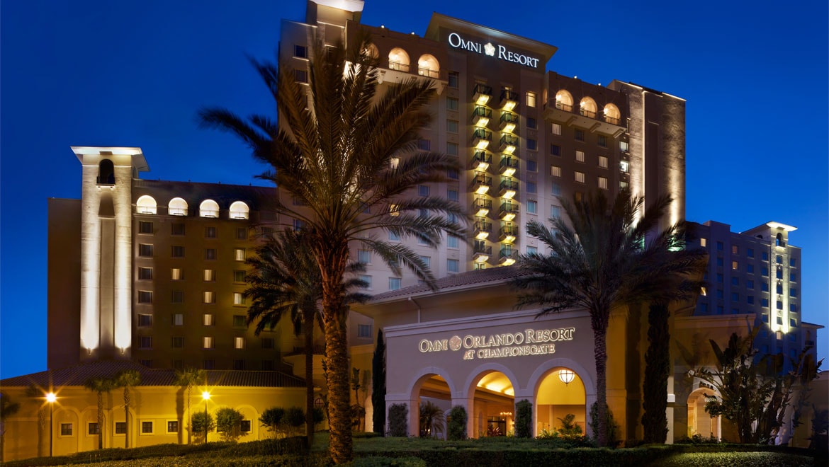 Front exterior of Championsgate Resort at night 