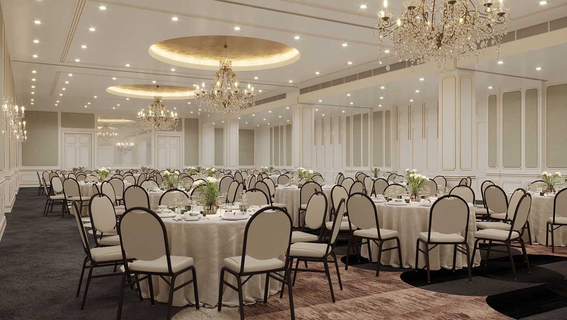 Wedding reception in ballroom.