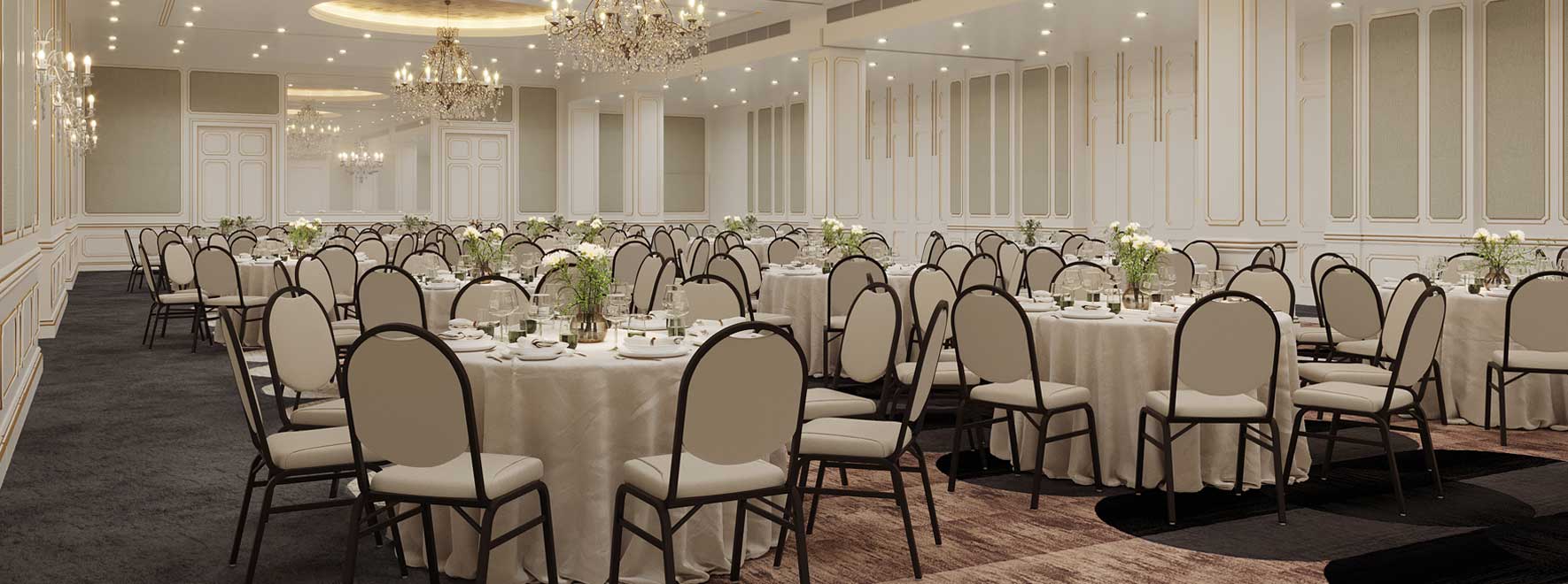 Wedding reception set up in ballroom.