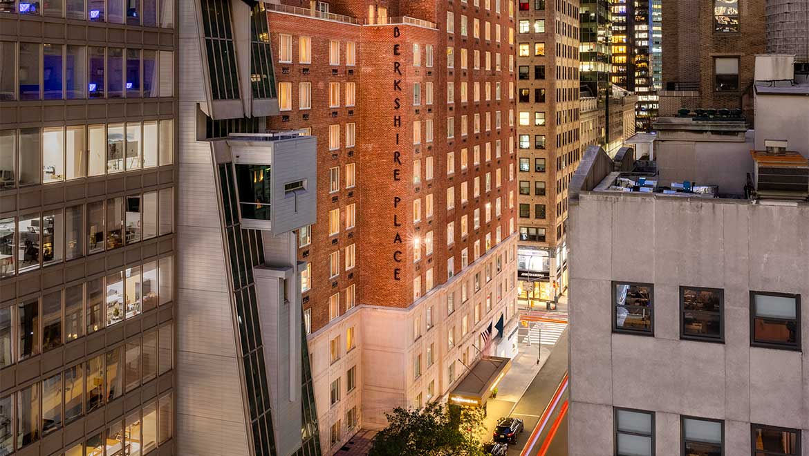 Nighttime view of hotel