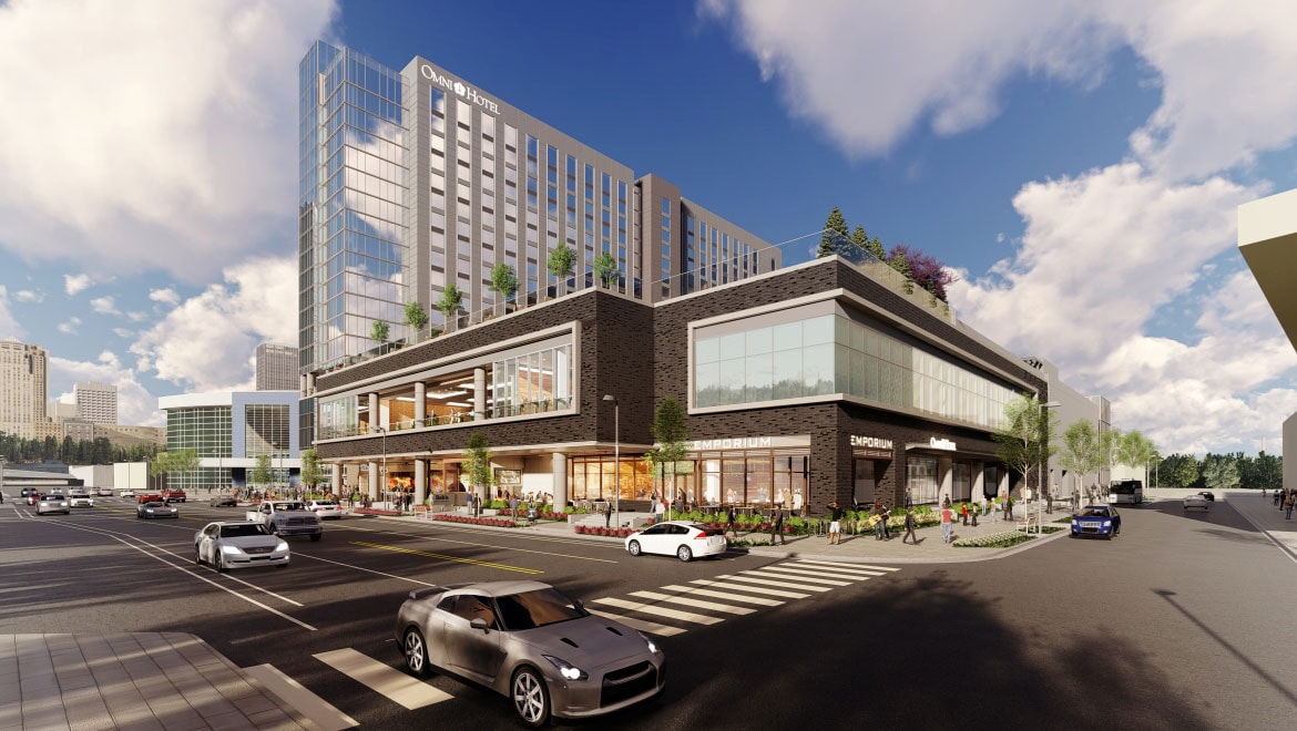 Rendering of hotel exterior.