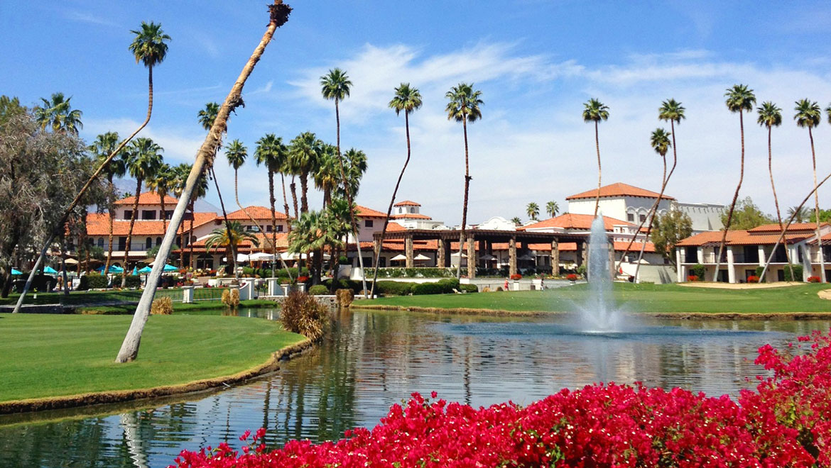 View of fountain on golf course.
