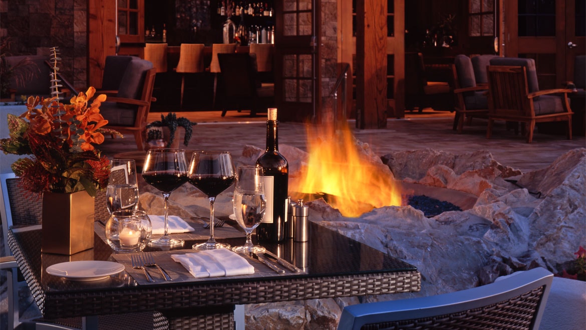 Omni Rancho bluEmber outdoor seating with fireplace 