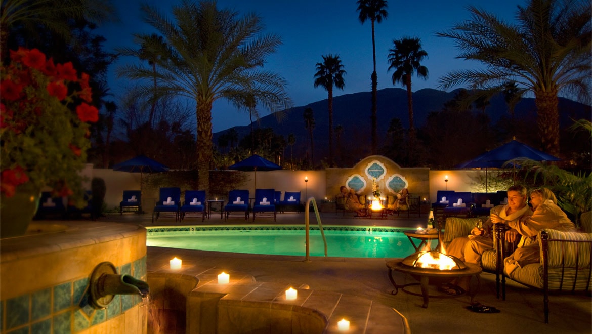 Omni Rancho spa at night 