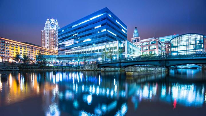 Exterior of building at night. 