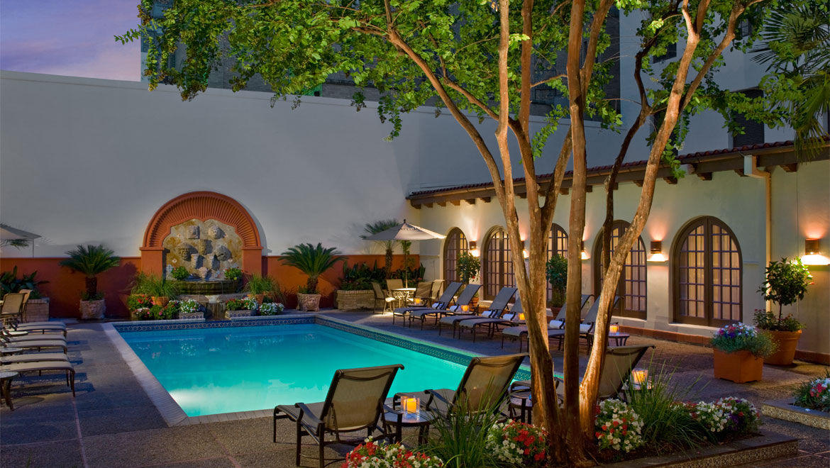 La Mansion pool at night 